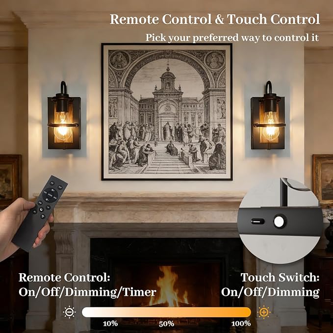 Battery Operated Wall Sconce Set of 2, Wireless Wall Lights with Remote Control, Dimmable 3 Color Temperatures, Rechargeable Wall Sconce with Vintage Faux-Wood Finish for Bedroom Living Room