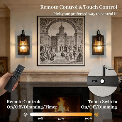Battery Operated Wall Sconce Set of 2, Wireless Wall Lights with Remote Control, Dimmable 3 Color Temperatures, Rechargeable Wall Sconce with Vintage Faux-Wood Finish for Bedroom Living Room