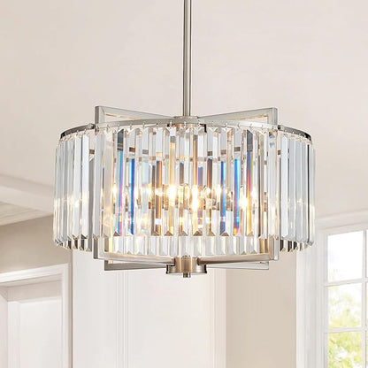 Crystal Dining Room Chandelier Light Fixture Modern Round Brushed Nickel Chandeliers for Kitchen Hallway Bedroom Foyer Living Room 5-Light 20 Inch Farmhouse Adjustable Height Hanging Light
