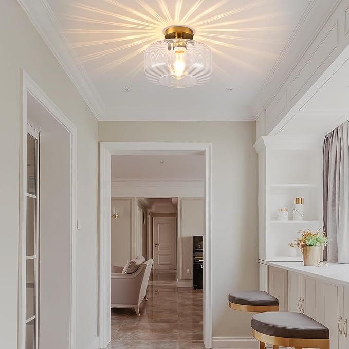 Gold Semi Flush Mount Ceiling Light, Luxury Close to Ceiling Light Fixtures with Transparent Glass Shade, Round Light Fixtures Ceiling Mount for Bathroom Dining Room Bedroom Living Room Hallway, E26