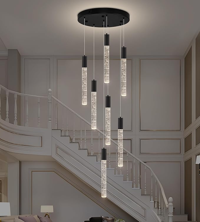 7-Lights High Ceiling Crystal Chandelier, Modern LED Raindrop Pendant Light Fixture 60" H Flush Mount Chandelier Black for Foyer Staircase Living Room