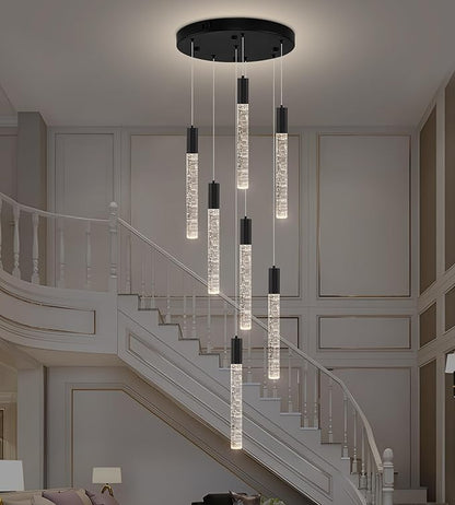 7-Lights High Ceiling Crystal Chandelier, Modern LED Raindrop Pendant Light Fixture 60" H Flush Mount Chandelier Black for Foyer Staircase Living Room
