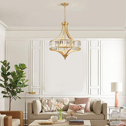 XINGQI Modern 6-Light Gold Crystal Chandelier 21.6" Farmhouse Large Round Pendant Lightting Fixture for Dining Room Living Room Kitchen Island Bedroom