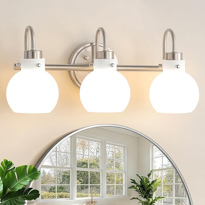 Bathroom Light Fixtures Brushed Nickel 3 Light Vanity Light Wall Sconces with Milk Globe Glass Shades Bath Wall Lamp over Mirror Farmhouse Wall Mount Lights for Kitchen Living Room Bedroom Hallway