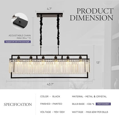 43.7" Modern Black Crystal Chandeliers for Dining Room, Luxury Rectangle 6-Light Kitchen Island Lighting, Linear Hanging Ceiling Pendant Light Fixture for Pool Table Entryway Foyer Hallway