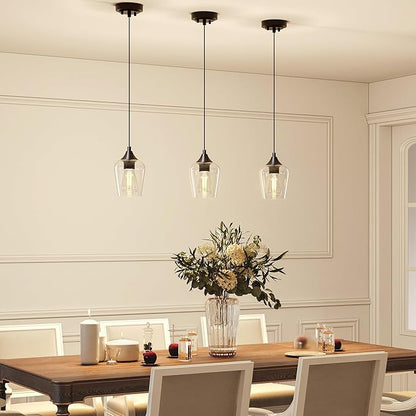 VONLUCE Pendant Light Kitchen Island, Matte Black Pendant Light Fixture with E26 Base & Adjustable Cable, Modern Pendant Lighting with Glass Shade for Living Room Bedroom Hallway