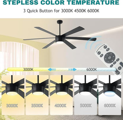 SHOWDI Ceiling Fan with Lights and Remote, 6 Blade App Control Timer Reversible Stepless Brightness and Color Temperature Outdoor Wood Ceiling Fan with Lights (Black, 72 Inch)