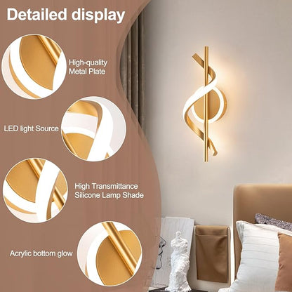 EIDISUNY 2Pack LED Wall Sconces Indoor, 12W LED Wall Mount Lights, Modern Spiral Wall Lamp, 3000K Wall Light Fixture for Stairs, Living Room, Bedroom, Aisle, Hallway (Warm White, Gold)