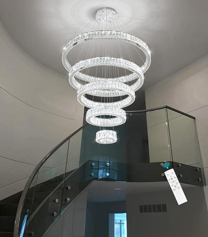 Modern High Ceiling Crystal Chandelier 90W Dimmable LED Chandeliers with Remote Luxury Height Adjustable Large Lighting Fixtures for Living Room Staircase Foyer Silver