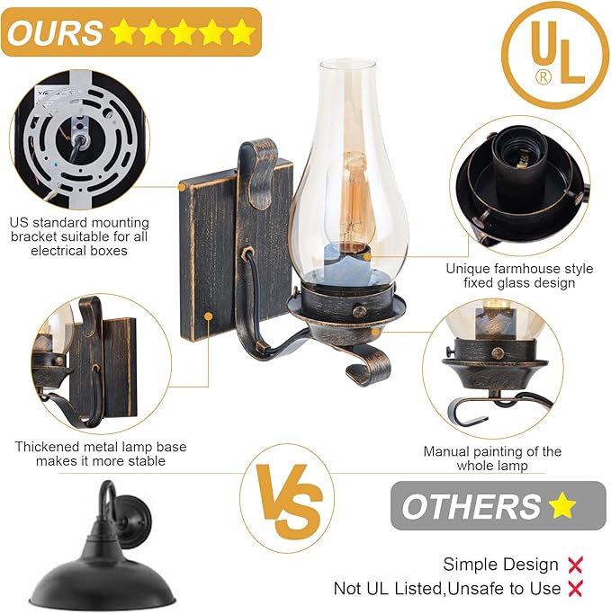 Yisuro Wall Sconces Sets of 2, Oil Rubbed Bronze Hardwired Wall Sconce Indoor, Retro Rustic Wall Lamps with Amber Glass,Vintage Bedside Sconces Wall Lighting for Living Room Bathroom