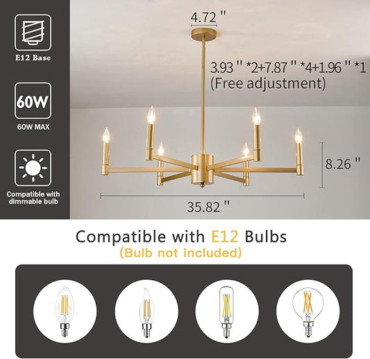 ASGYISA 6-Light Gold Candle Chandeliers Modern Farmhouse Ceiling Light Fixture Industrial Lighting for Dining Room Living Room Bedroom Kitchen Island Foyer