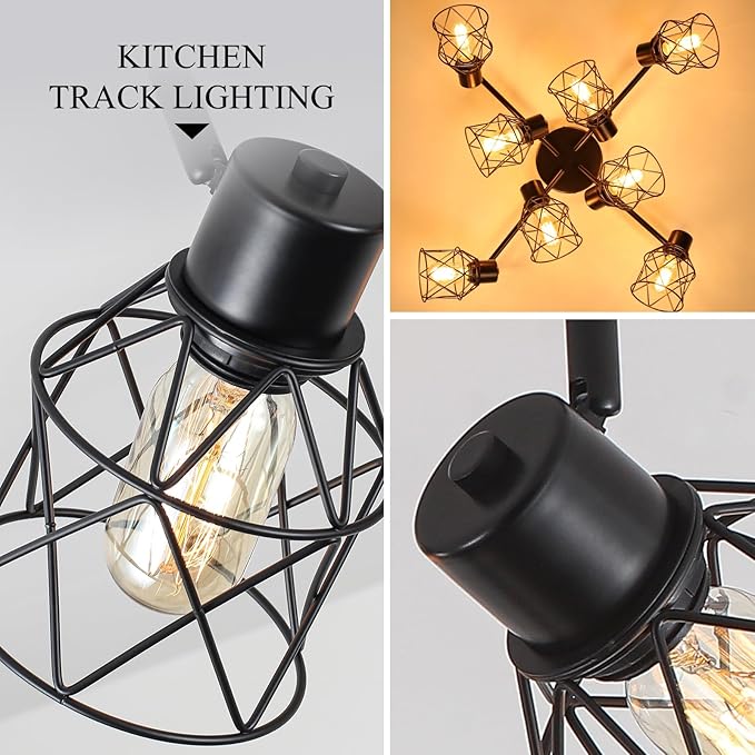 8 Lights Adjustable Multi-Directional Black Light Fixtures, Semi Flush Mount Ceiling Light, Kitchen Light Fixtures Track Lighting Fixtures with Metal Cage Industrial Spotlight Fixtures for Dining Room