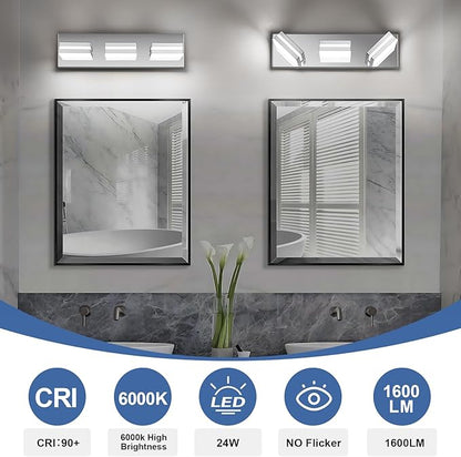 Modern LED Small Bathroom Lights Fixtures 3-Light,Stainless Steel Chrome Acrylic Wall Lighting,Vanity Lights for Bathroom Over Mirror 6000K 16in