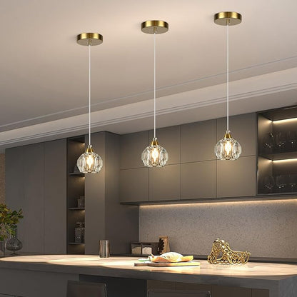 Weesalife Crystal Chandeliers for Dining Room Lights Fixture Over Table, 3 Pack Gold Modern Pendant Light Fixture，Crystal Pendant Lighting for Kitchen Island Bathroom Bar
