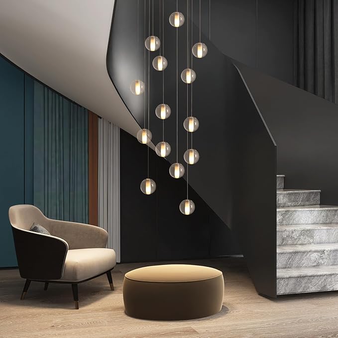 14 Lights Staircase Chandelier for High Ceiling, Dimmable Modern Crystal Raindrop Large Long Hanging Pendant Light for Stairwell Living Room Stair Foyer, Bulbs Included (Gold Canopy)