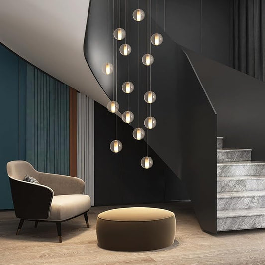14 Lights Staircase Chandelier for High Ceiling, Dimmable Modern Crystal Raindrop Large Long Hanging Pendant Light for Stairwell Living Room Stair Foyer, Bulbs Included (Gold Canopy)
