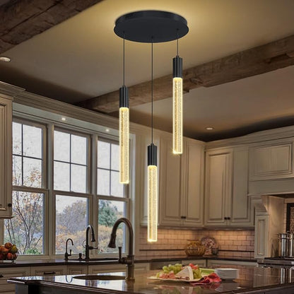 3-Lights Pendant Lights Modern LED Kitchen Island Chandelier Remote Dimmable Bubble Crystal Pendant Light Black Corner Fixture for Dining Room Living Room Foyer
