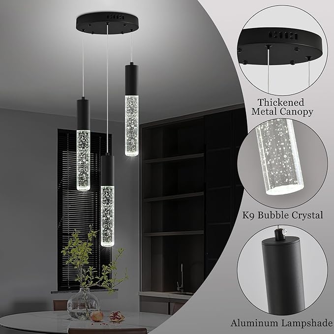 Modern Crystal Chandelier for Kitchen Island 3-Lights, Elegant Black LED Bubble Pendant Lighting Fixture for Dining Room Bedroom Entryway