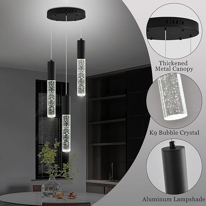 Modern Crystal Chandelier for Kitchen Island 3-Lights, Elegant Black LED Bubble Pendant Lighting Fixture for Dining Room Bedroom Entryway