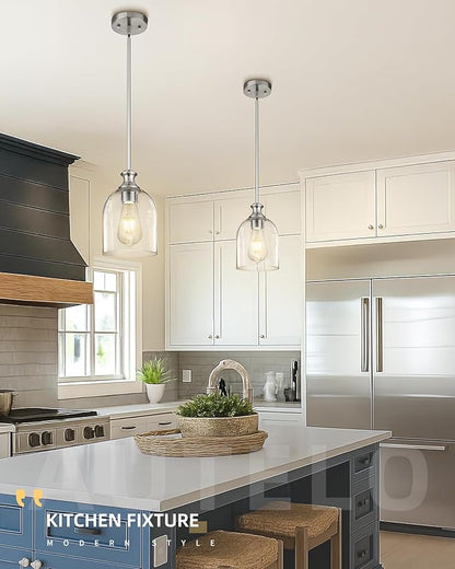 AUTELO Brushed Nickel Pendant Lights, 1-Light Kitchen Pendant Lighting with Clear Cylinder Glass, Modern Pendant Lights Kitchen Island with Adjustable Rods, H2511 CLST