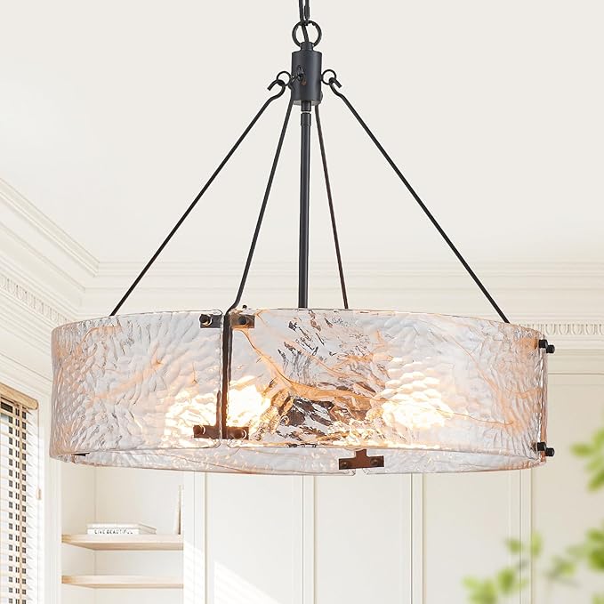 XINGQI 20.7" Black Glass Chandeliers Modern 4-Light Farmhouse Pendant Lighting Fixtures Elegant Round Chandeliers for Dining Room Kitchen Island Living Room Entryway