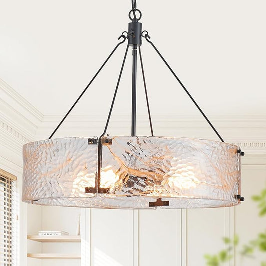 XINGQI 20.7" Black Glass Chandeliers Modern 4-Light Farmhouse Pendant Lighting Fixtures Elegant Round Chandeliers for Dining Room Kitchen Island Living Room Entryway