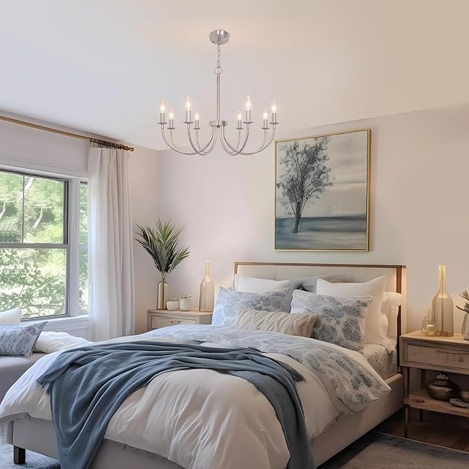 8-Light Farmhouse Chandelier, Brushed Nickel Dining Room Light Fixtures, Industrial Modern Candle Chandeliers for Living Room, Bedroom, Foyer, Kitchen, Entryway
