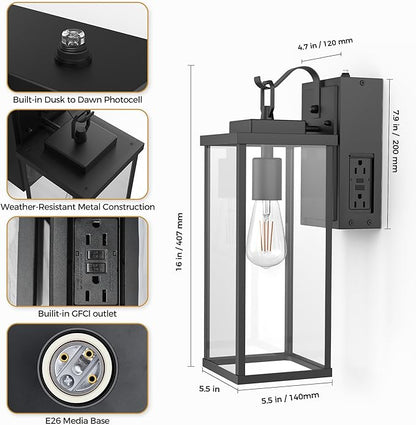 DORESshop Upgraded Dusk to Dawn Outdoor Wall Lights with GFCI Outlets, 16 Inch Matte Black Waterproof Anti-Rust Outdoor Light Fixtures with Clear Glass, Exterior Light Fixtures for Porch, Garage, ETL