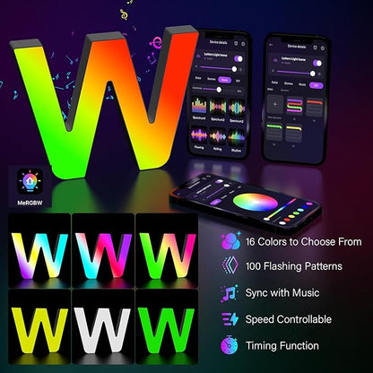 Light Up Letters Marquee Letter - Music Sync RGB Color Changing LED Lights Letter Logo Game Lights for Girls Women Party Birthday Christmas Valentine's Day Wall Desktop Decoration (MRGB-W)