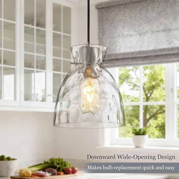 Brushed Nickel Pendant Lights Kitchen Island 2 Pack, 5.9“ Mini Hammered Glass Pendant Light Fixtures, Adjustable Modern Hanging Lights Kitchen Pendant Lighting over Island Sink Bathroom Dining Room
