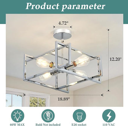 ZGLAOJT 4-Lights Ceiling Light Chrome Light Fixture Industrial Flush Mount Ceiling Light Farmhouse Chandelier Lighting for Kitchen Island Dining Room Bedroom Foyer Hallway.