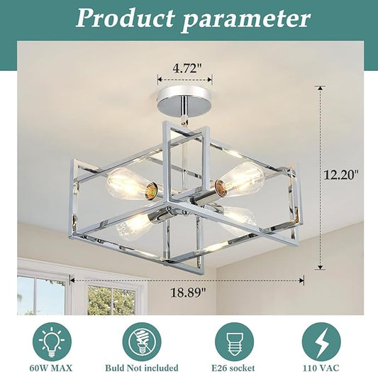 ZGLAOJT 4-Lights Ceiling Light Chrome Light Fixture Industrial Flush Mount Ceiling Light Farmhouse Chandelier Lighting for Kitchen Island Dining Room Bedroom Foyer Hallway.