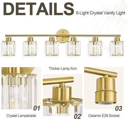 Crystal Bathroom Light Fixtures,Bathroom Lighting Fixtures Over Mirror, Modern 6-Light Brushed Nickel Vanity Lights for Mirror, Restroom,Kitchen(Ceramic E26 Socket,Bulbs Not Include)