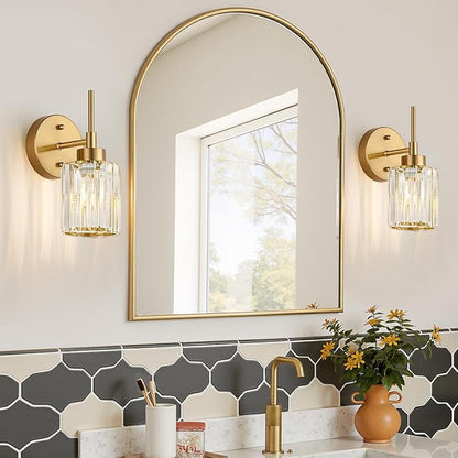 Modern Crystal Bathroom Vanity Light, 2-Pack Brushed Gold Vanity Light with Clear Crystal Shades, Bathroom Light Fixtures Over Mirror (Bulbs Not Included)