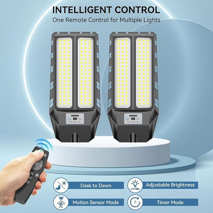 VOOJOY Solar Street Lights Outdoor, 7000K Solar Light Outdoor LED Street Light Dusk to Dawn, LED Wide Angle Lamp with Motion Sensor and Remote Control, for Parking Lot, Yard, 5000W, 2 Pack