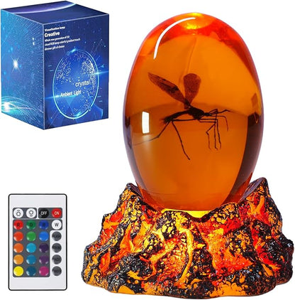 Jurassic 3D Mosquito in Amber Resin, Mosquito Resin with Volcanic Lava Lamp Base with Remote 16 Colors Flashing RGB Dimmable, True 3D 3.3 Inches Tall Dinosaur DNA Replica Paper Weight Gifts