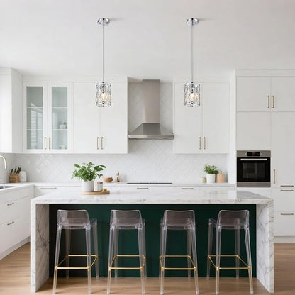 2-Pack Crystal Pendant Light, Modern Chrome Finish Hanging Lighting with Clear Crystal Chandelier, Adjustable Height Mini Island Light Fixture for Kitchen, Dining Room and Living Room