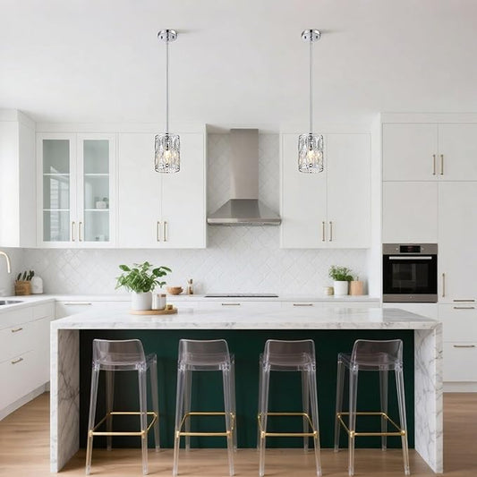 2-Pack Crystal Pendant Light, Modern Chrome Finish Hanging Lighting with Clear Crystal Chandelier, Adjustable Height Mini Island Light Fixture for Kitchen, Dining Room and Living Room