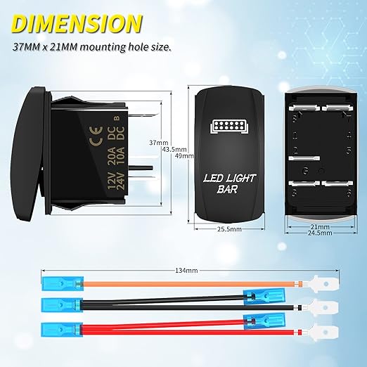 LED Light Bar Switch ON/Off 5 Pin Laser Marine Rocker Switch Waterproof 12V 20A 24V 10A Blue LED Light Bar Toggle Switch with Jumper Wires for Car Boat ATV UTV RZR