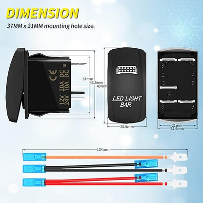 LED Light Bar Switch ON/Off 5 Pin Laser Marine Rocker Switch Waterproof 12V 20A 24V 10A Blue LED Light Bar Toggle Switch with Jumper Wires for Car Boat ATV UTV RZR