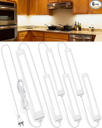 6 Pcs 14inch Plug in Under Cabinet Lighting for Kitchen, 6500k Bright White Linkable LED Under Counter Wired Lights for Shelf/Bookshelf/Workbench/Over Sink