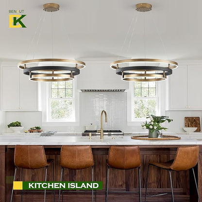 Benkut Modern LED Chandelier Black Gold Dimmable 3 Ring Pendant Light for Dining Room, Kitchen Chandelier Circular with Remote Control Flush Mount High Ceiling Light for Living Room, 3000K-6500K