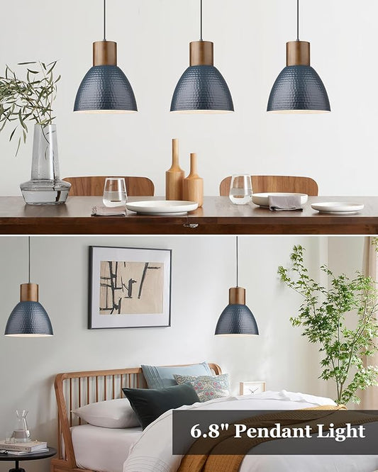 ELYONA Hammered Pendant Lights for Kitchen Island, 7” Small Solid Wood Hanging Light Fixtures, Adjustable Height Industrial Metal Pendant Light Fixtures for Bar Dining Room Bedroom Office, Modern Blue