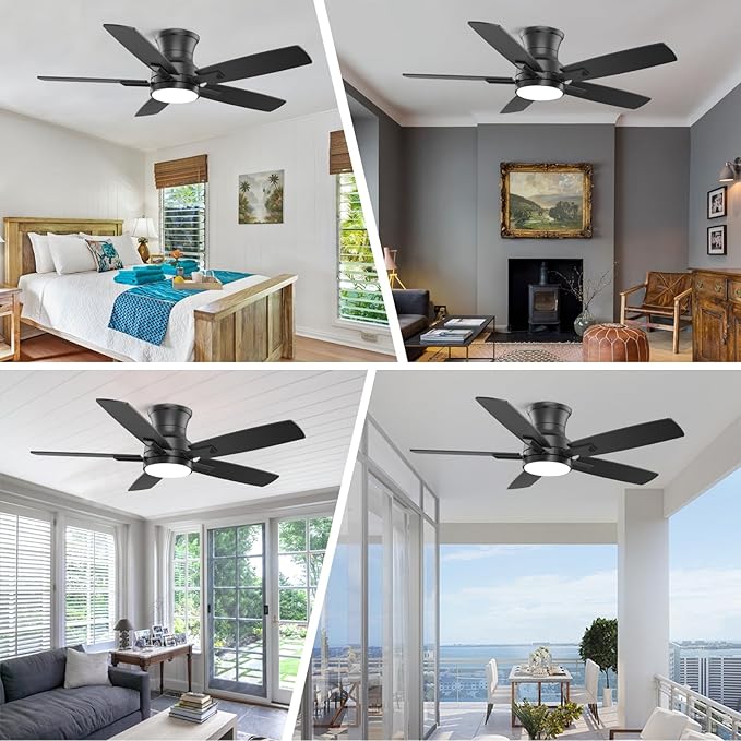 YUHAO 42 Inch Flush Mount Black Ceiling Fan with Light and Remote Control.Noiseless,Dimmable,3CCT,6 Speeds Reversible, Low Profile DC Ceiling Fans for Indoor or Covered Outdoor Use,ETL Listed