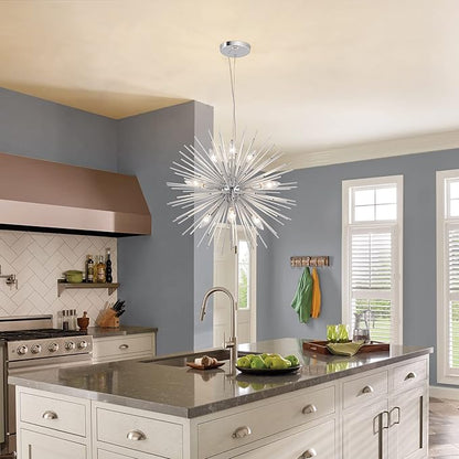 Modern Chrome Sputnik Chandeliers, 9-Light Satellite Pendant Light fixtures, Starburst Firework Ceiling Lights for Bedroom Living Room Dining Room Kitchen Island Hallway, E12 Socket(Dia:19.7'')