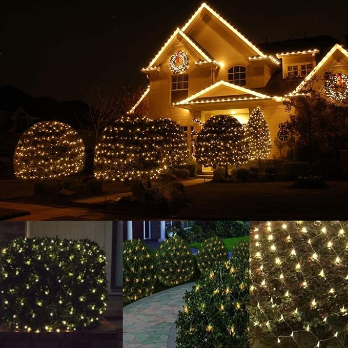 LED Christmas Net Lights Outdoor Christmas Decorations for Bushes,100LED 5ftx5ft Connectable Green Wire Net Christmas Lights for Outdoor indoor Yard Mesh Shrub Tree Decor ,UL Certified(Warm White)