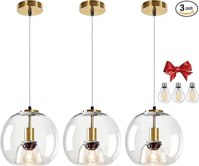 9.1in Large Clear Glass Pendant Light for Kitchen Island – 3-Pack with 3 Extra LED Bulbs & 4.92ft Adjustable Cord | Modern Minimalist Lighting for Dining Room, Living Room, Entryway