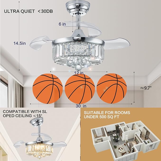 DuMaiWay 30" Chandelier Ceiling Fan with Light Crystal Modern Fandelier Reversible Ceiling Fan Dimmable Retractable Timer for Bedroom Dining Living Room Silver Chrome