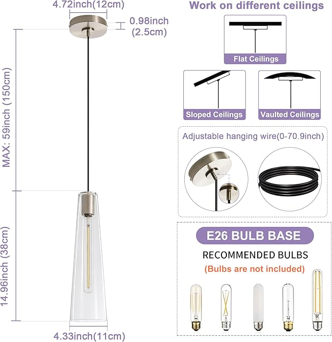 Modern Glass Pendant Lights Kitchen Island, Dimmable Brushed Nickel Pendant Light Fixtures 1 Pack, Adjustable Farmhouse Hanging Light Fixture with Clear Glass Shades for Hallway Dining Room