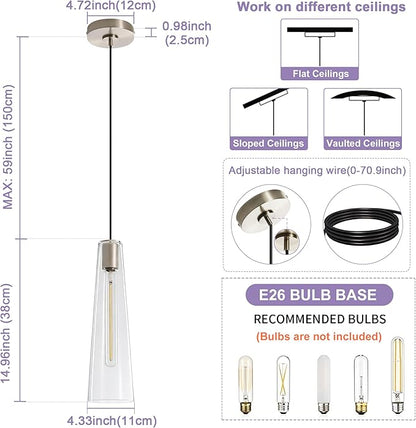 Modern Glass Pendant Lights Kitchen Island, Dimmable Brushed Nickel Pendant Light Fixtures 1 Pack, Adjustable Farmhouse Hanging Light Fixture with Clear Glass Shades for Hallway Dining Room